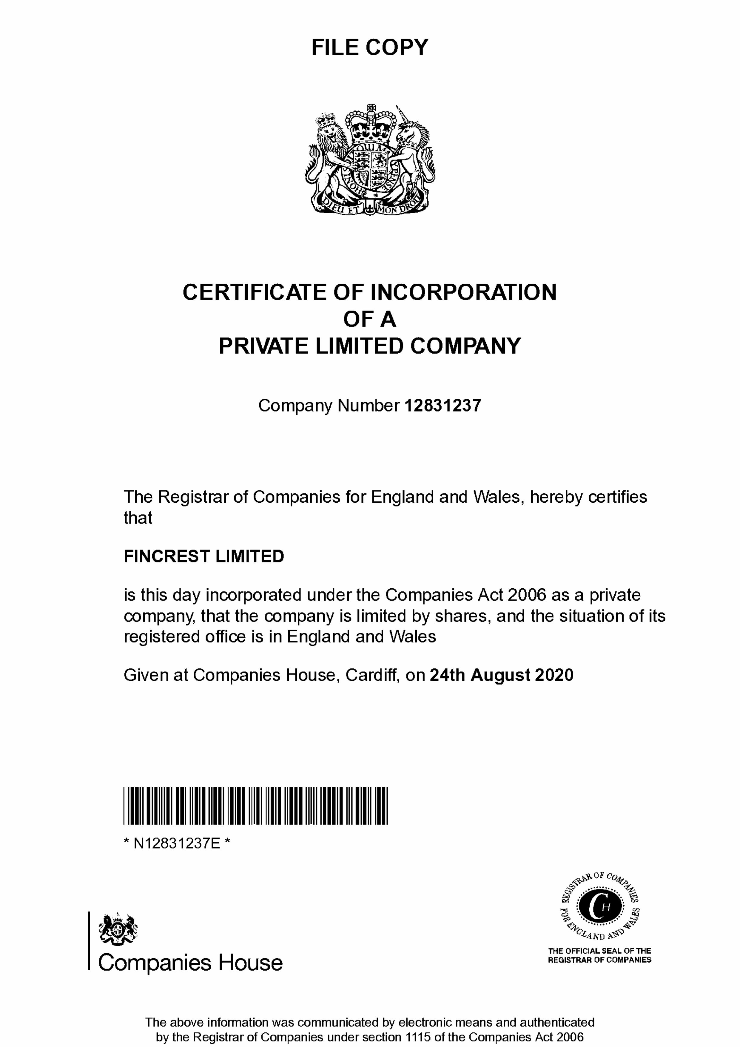 Certificate of Incorporation - Fincrest Limited